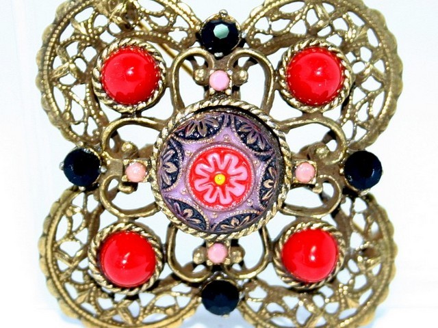 Front view of Red Cabochons Molded/Cut Brooch