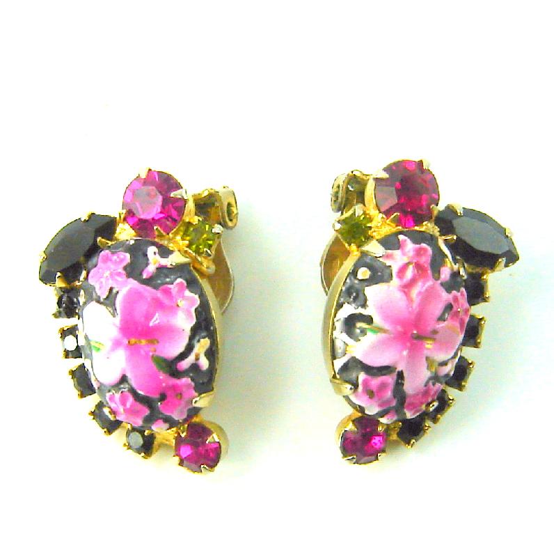 Front view of Pink Cabochons Painted (hand/Transfer) Earrings Clip
