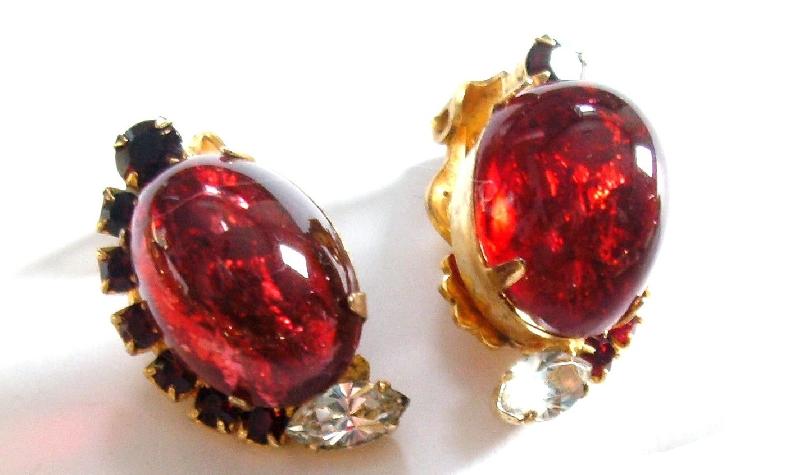 Front view of Red Cabochons Multi-Color/Shaded Earrings Clip