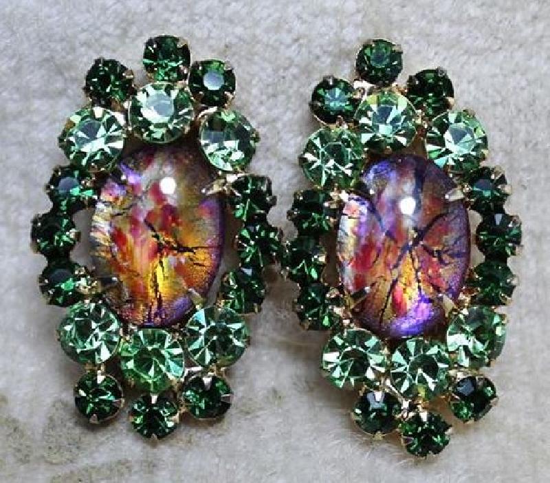 Front view of Green Cabochons Multi-Color/Shaded Earrings Clip