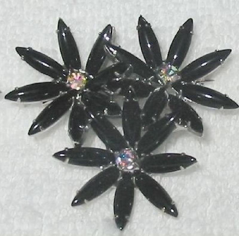 Front view of Black (jet) Navettes Brooch