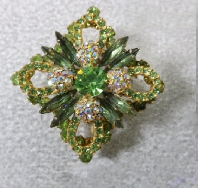 Front view of Green Navettes Brooch