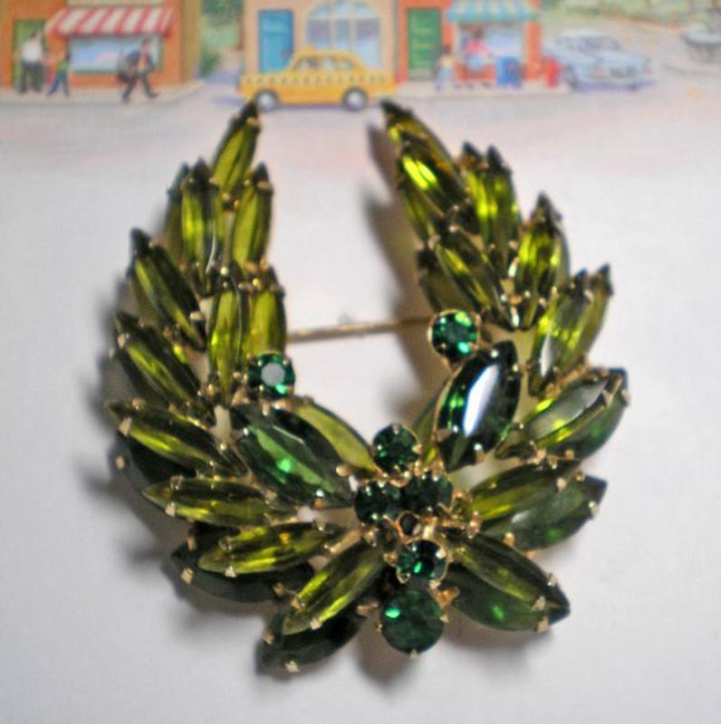 Front view of Green Navettes Brooch