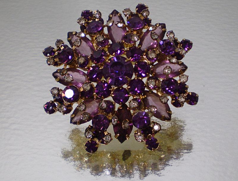 Front view of Purple (cardinal) Navettes Brooch