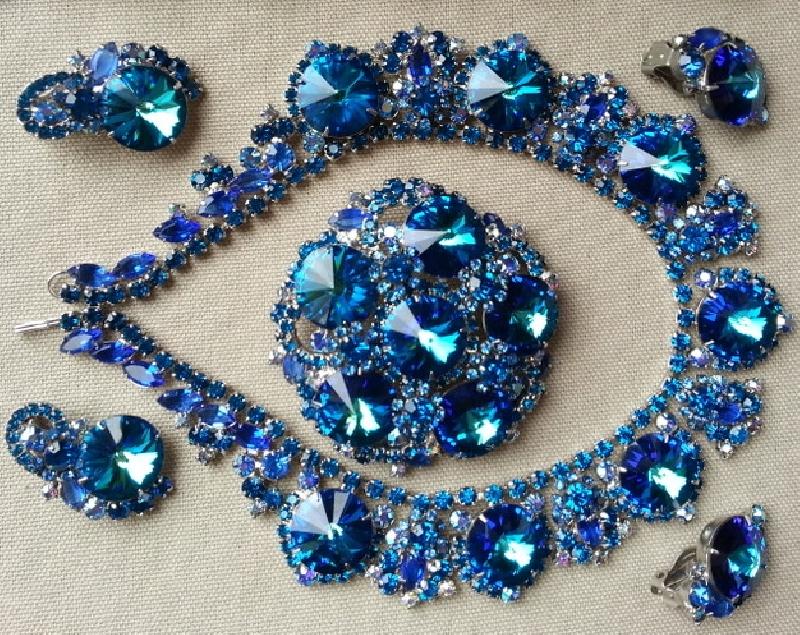 Front view of Blue Navettes Rivoli/Margarita Necklace