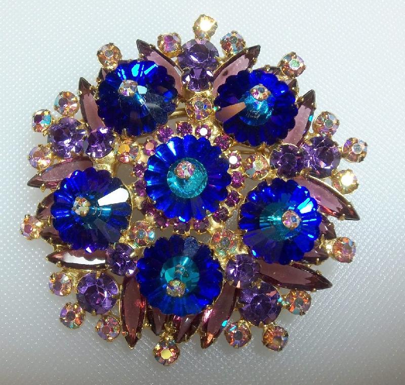 Front view of Purple (cardinal) Navettes Rivoli/Margarita Brooch