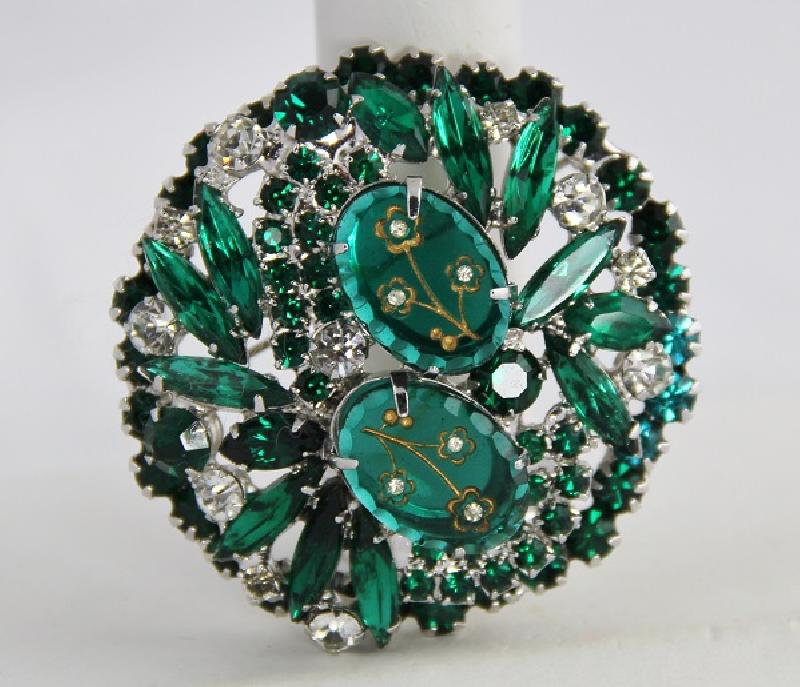 Front view of Green Cabochons Molded/Cut Brooch