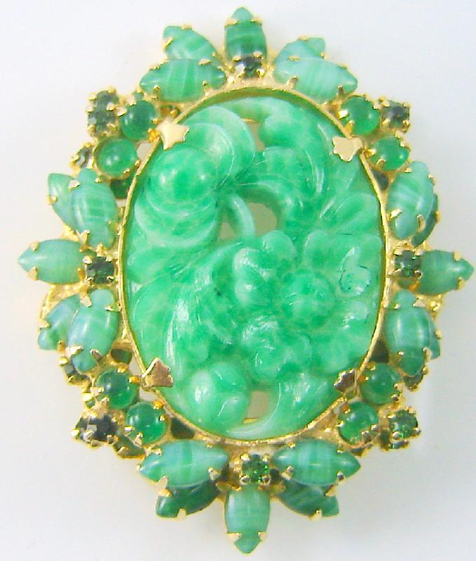Front view of Green Oval Molded/Cut Brooch