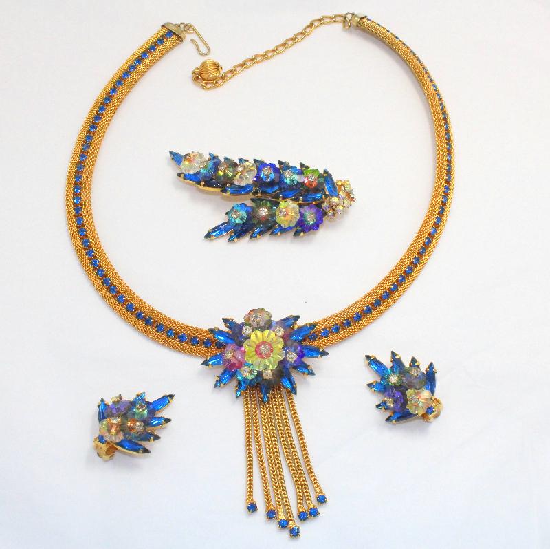 Front view of Blue Navettes Rivoli/Margarita Necklace