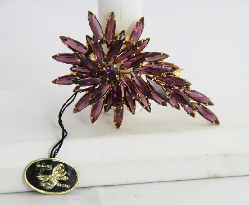 Front view of Purple (cardinal) Navettes Brooch
