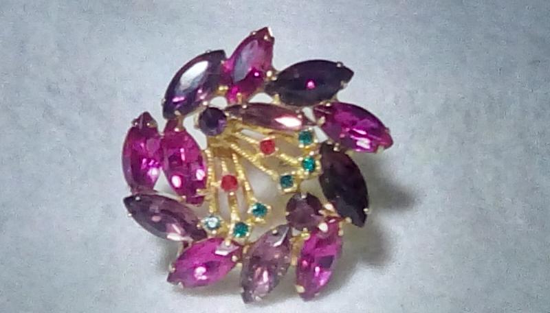 Front view of Purple (cardinal) Navettes Brooch