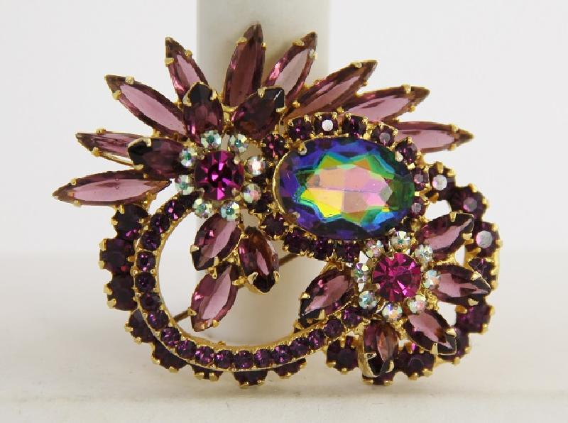 Front view of Purple (cardinal) Navettes Multi-Color/Shaded Brooch