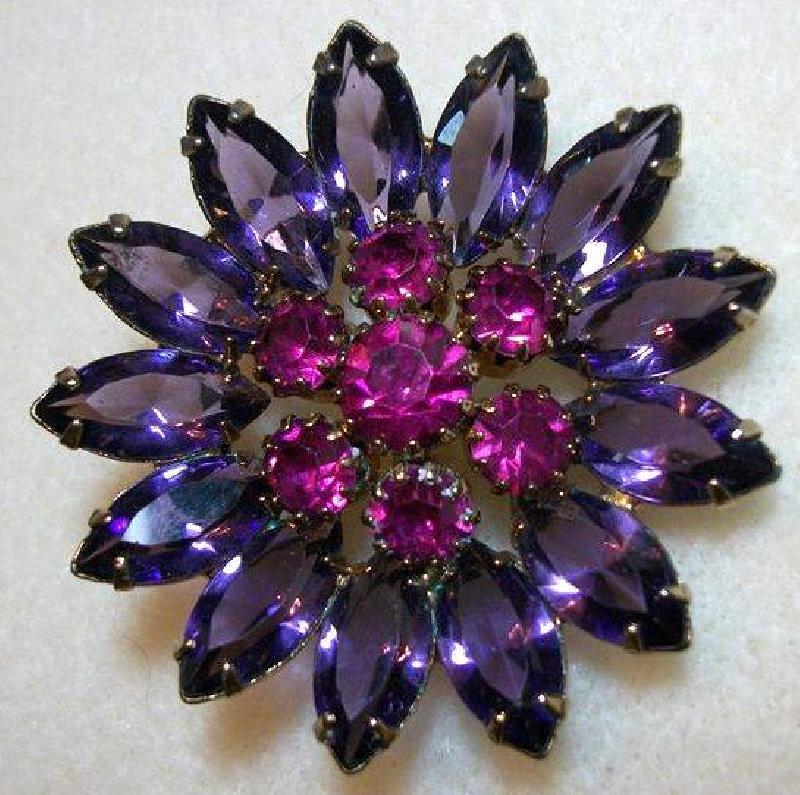 Front view of Purple (cardinal) Navettes Brooch