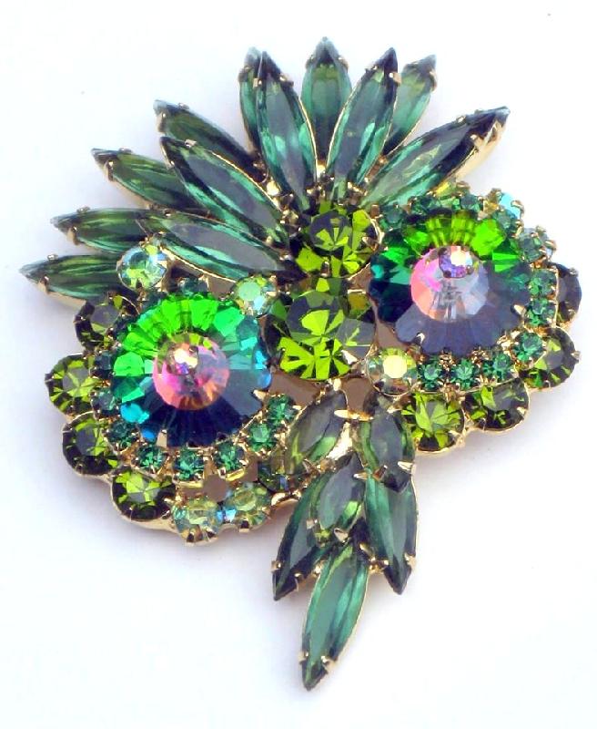 Front view of Green Navettes Rivoli/Margarita Brooch