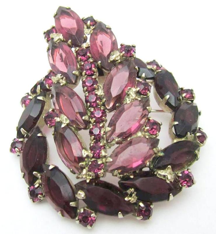 Front view of Purple (cardinal) Navettes Brooch