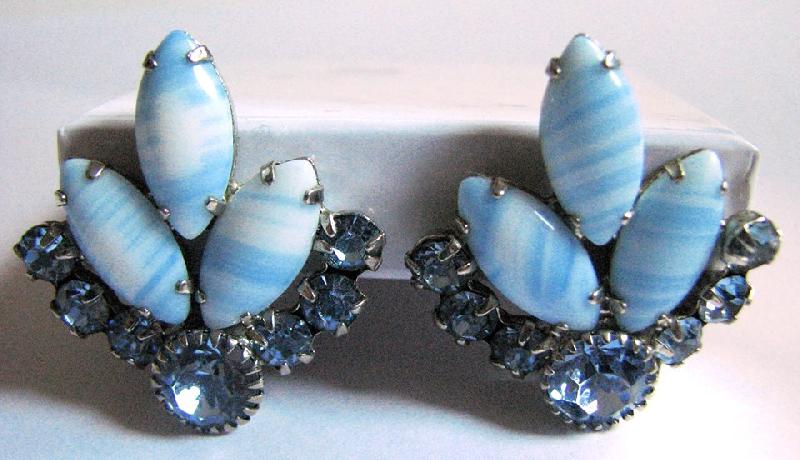 Front view of Blue Navettes Striped Earrings Clip