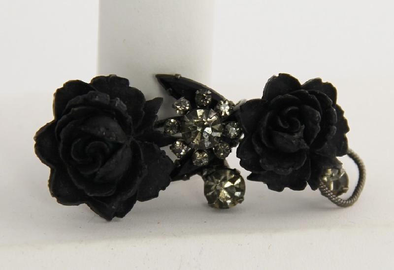 Front view of Black (jet) Navettes Molded/Cut Brooch