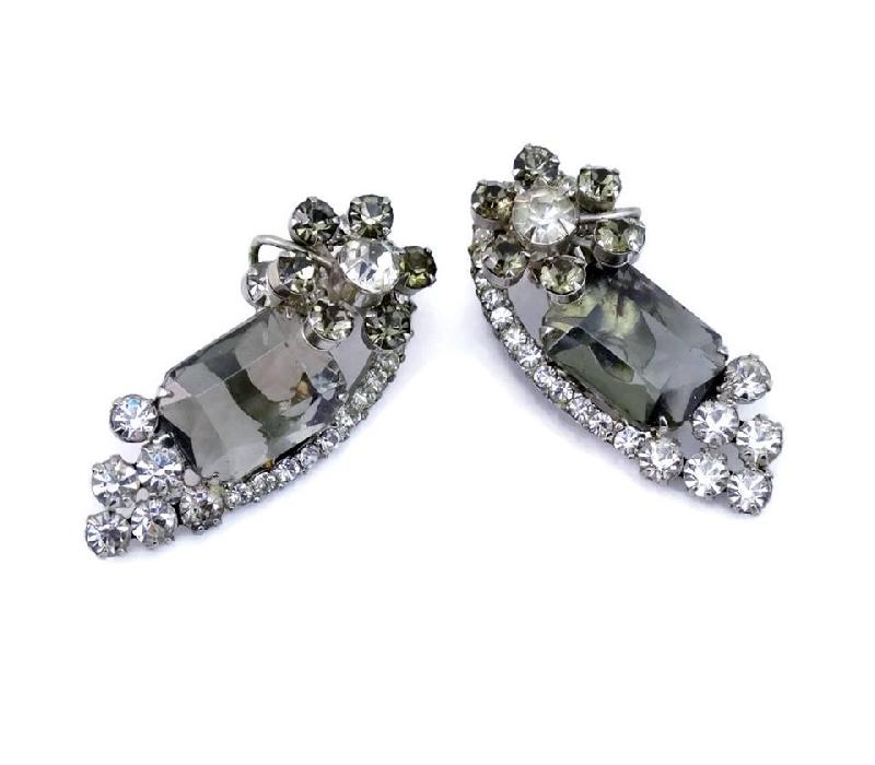 Front view of Gray (black Diamond) Emerald Cut Earrings Clip