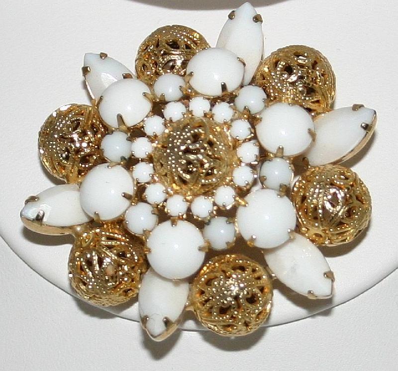 Front view of White (chalk Or Milk) Navettes Brooch