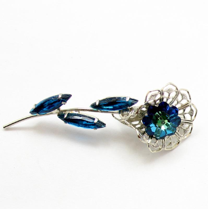Front view of Blue Navettes Rivoli/Margarita Brooch