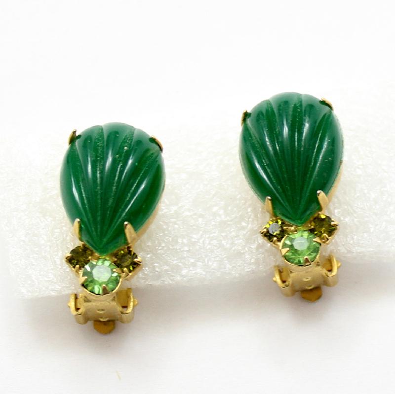 Front view of Green Cabochons Molded/Cut Earrings Clip