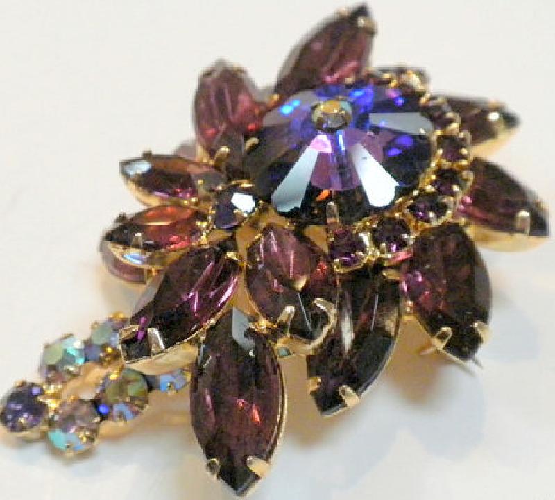 Front view of Purple (cardinal) Navettes Rivoli/Margarita Brooch