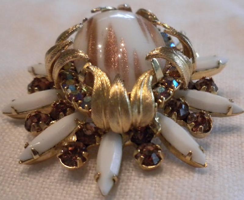 Front view of White (chalk Or Milk) Cabochons Striped Brooch