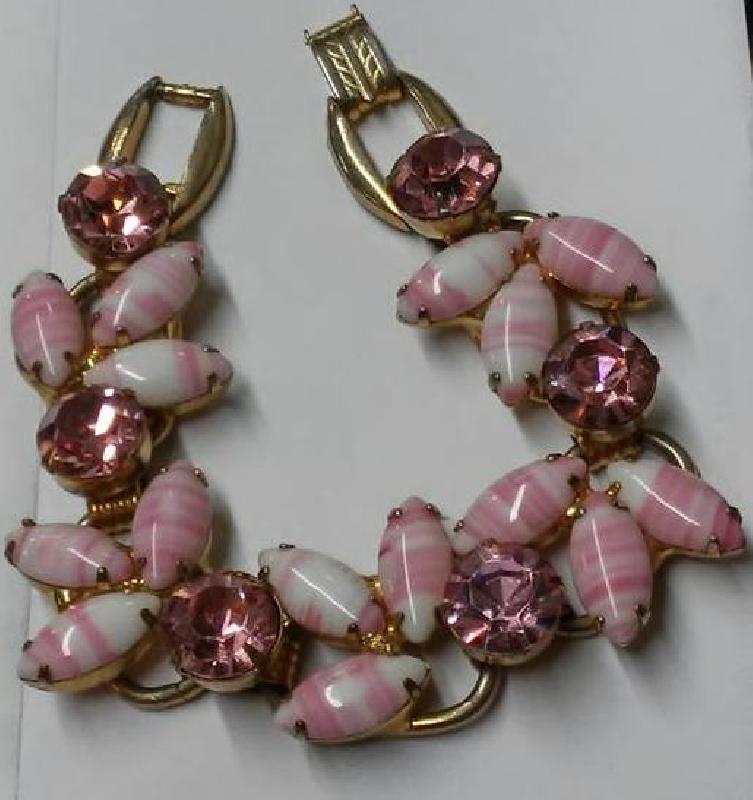 Front view of Pink Cabochons Striped Bracelet 5 Link