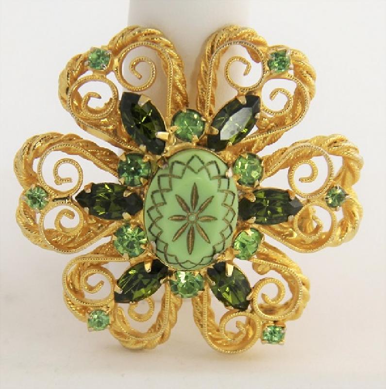 Front view of Green Navettes Brooch