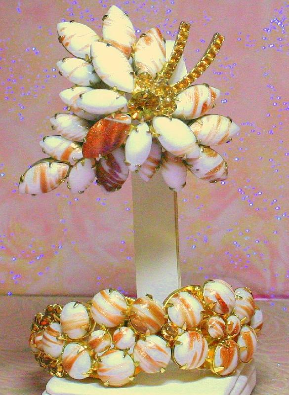 Front view of White (chalk Or Milk) Cabochons Striped Brooch