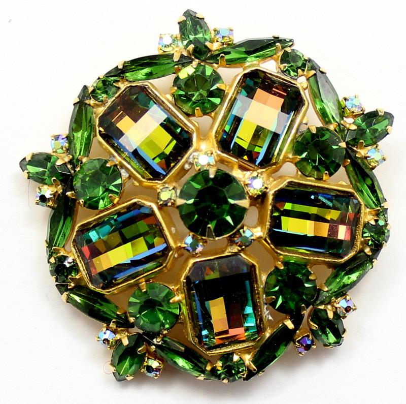 Front view of Green Emerald Cut Multi-Color/Shaded Brooch