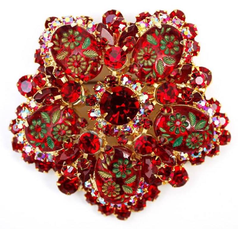 Front view of Red Cabochons Molded/Cut Brooch