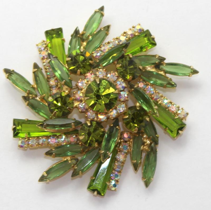 Front view of Green Keystones Brooch