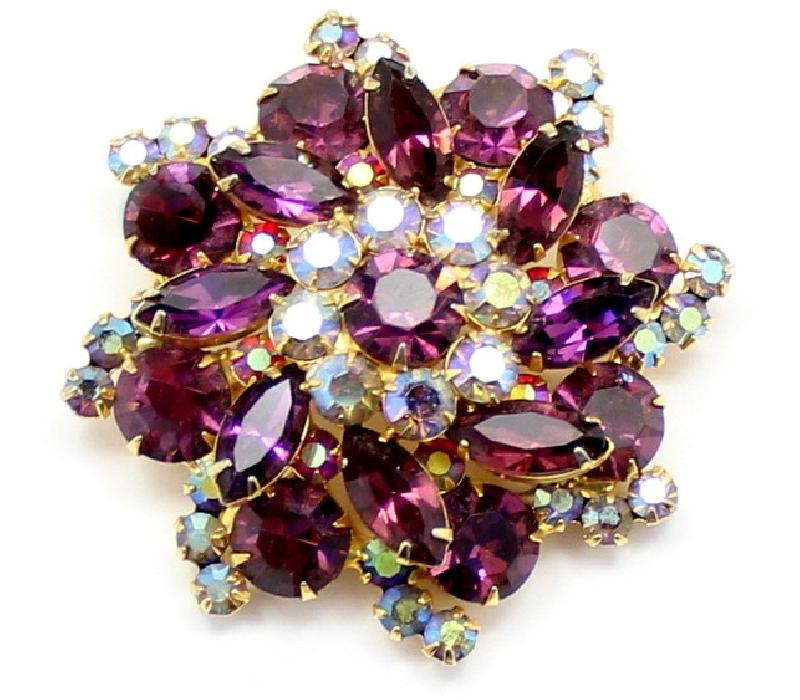 Front view of Purple (cardinal) Navettes Brooch