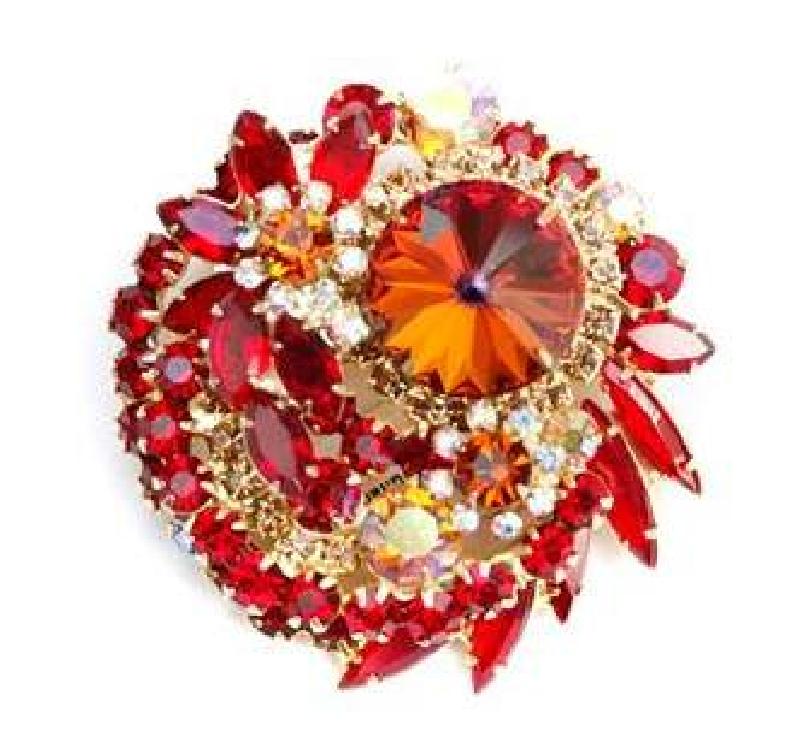 Front view of Red Navettes Rivoli/Margarita Brooch
