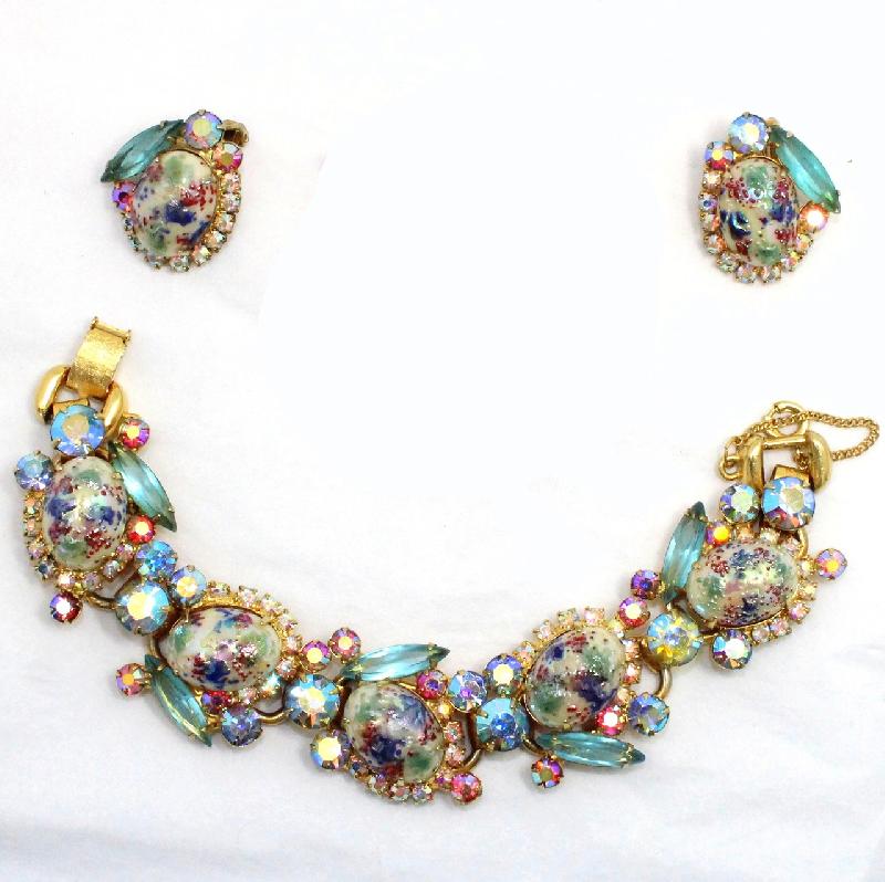 Front view of Blue Cabochons Painted (hand/Transfer) Earrings Clip