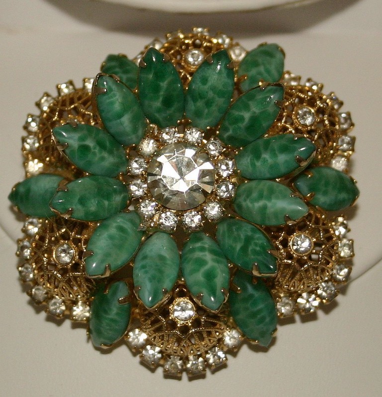 Front view of Green Navettes Brooch