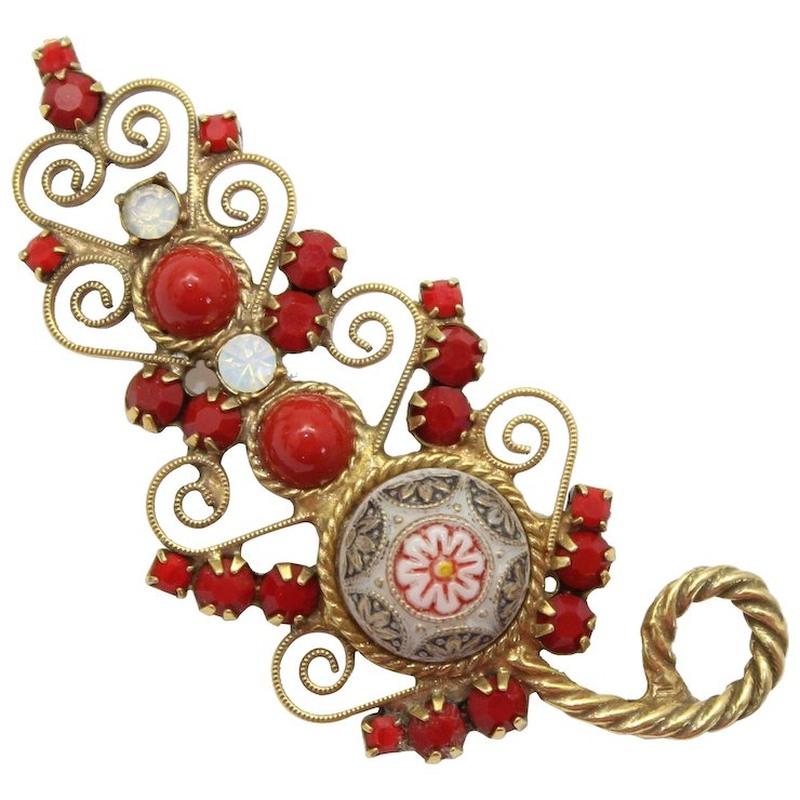 Front view of Red Cabochons Molded/Cut Brooch