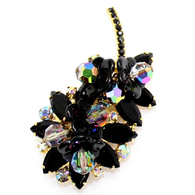Front view of Black (jet) Navettes Brooch