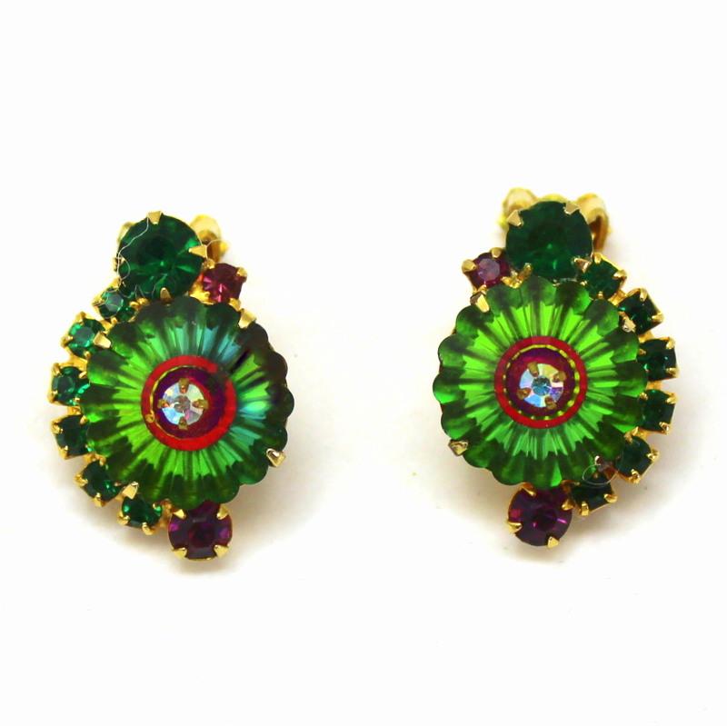 Front view of Green Chatons Only Rivoli/Margarita Earrings Clip