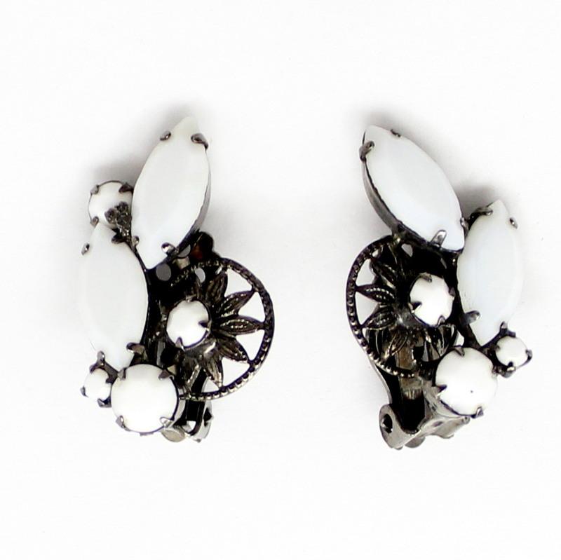 Front view of White (chalk Or Milk) Navettes Earrings Clip