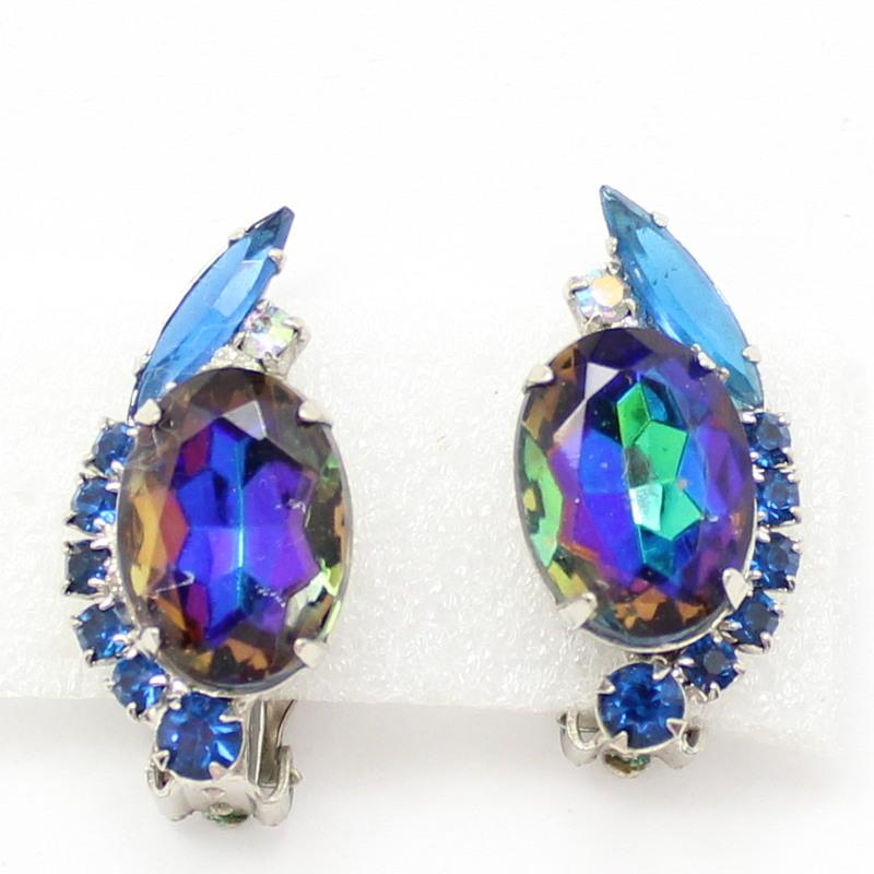 Front view of Blue Oval Multi-Color/Shaded Earrings Clip