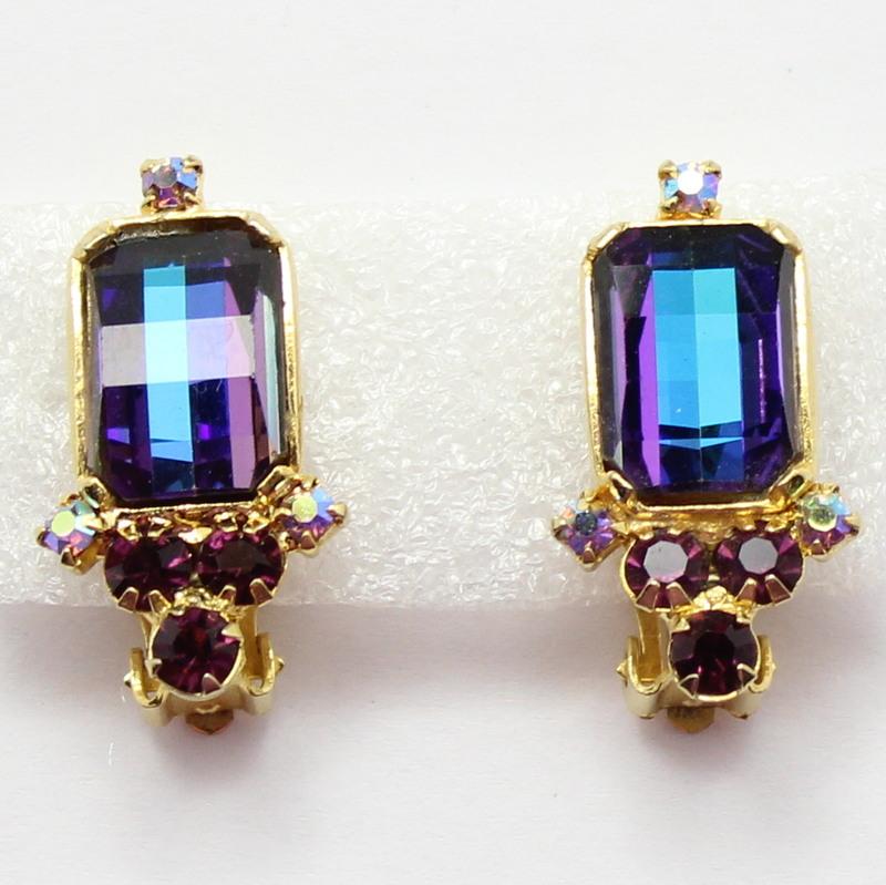 Front view of Purple (cardinal) Emerald Cut Multi-Color/Shaded Earrings Clip