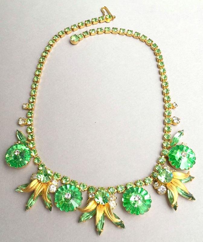Front view of Green Navettes Rivoli/Margarita Necklace