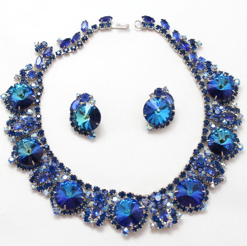 Front view of Blue Navettes Rivoli/Margarita Necklace