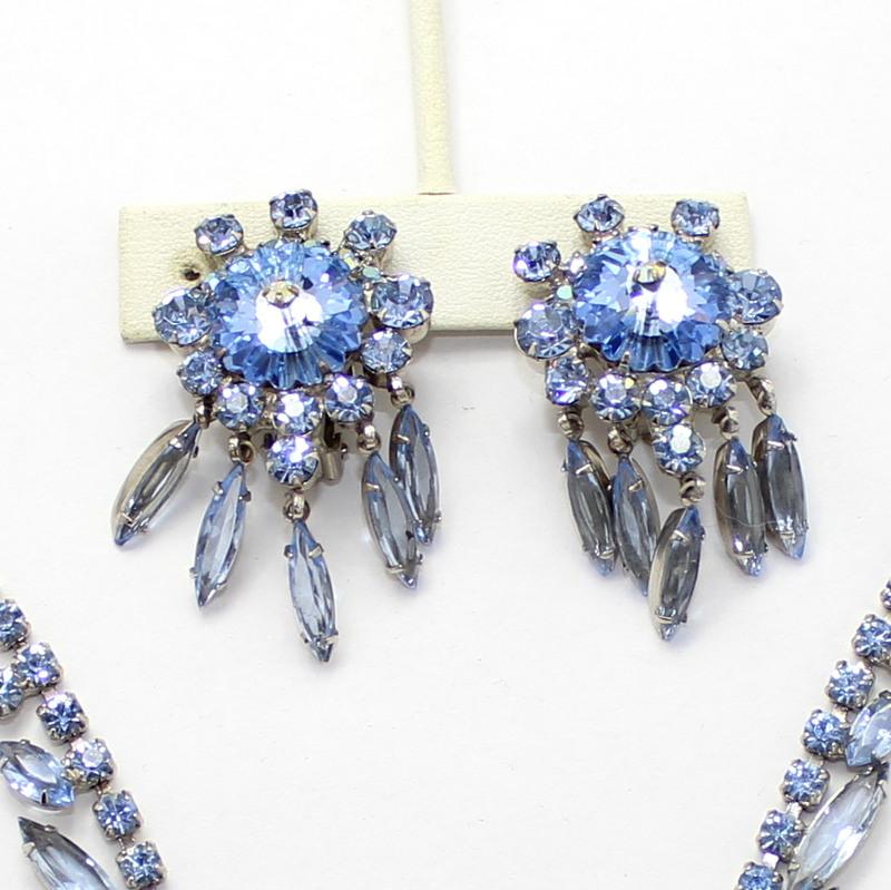 Front view of Blue Navettes Rivoli/Margarita Earrings Clip