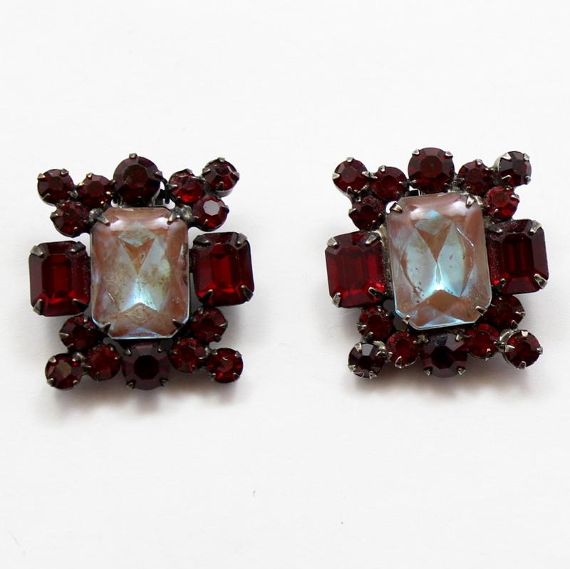 Front view of Red Emerald Cut Multi-Color/Shaded Earrings Clip