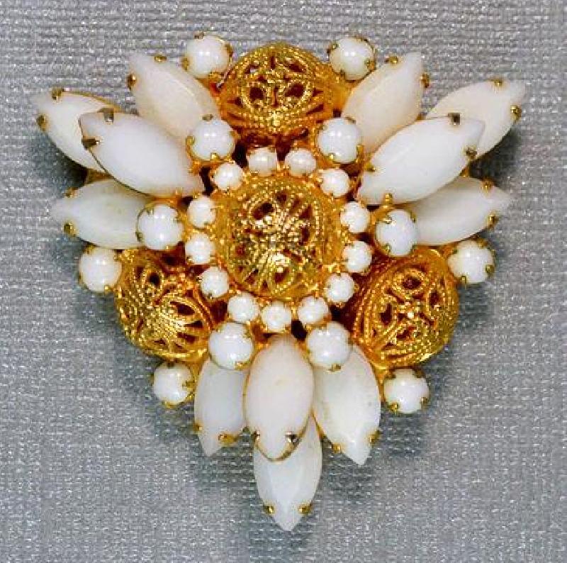 Front view of White (chalk Or Milk) Navettes Brooch