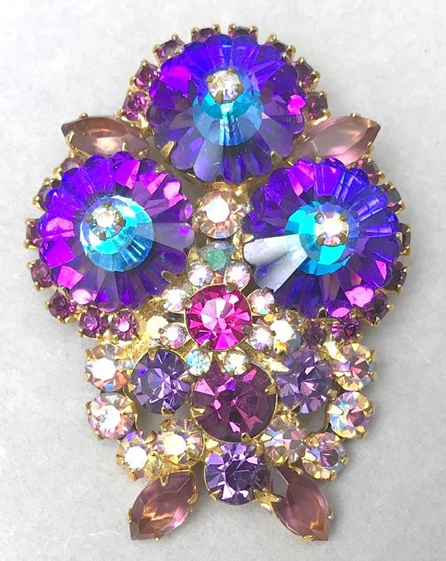 Front view of Purple (cardinal) Navettes Rivoli/Margarita Brooch