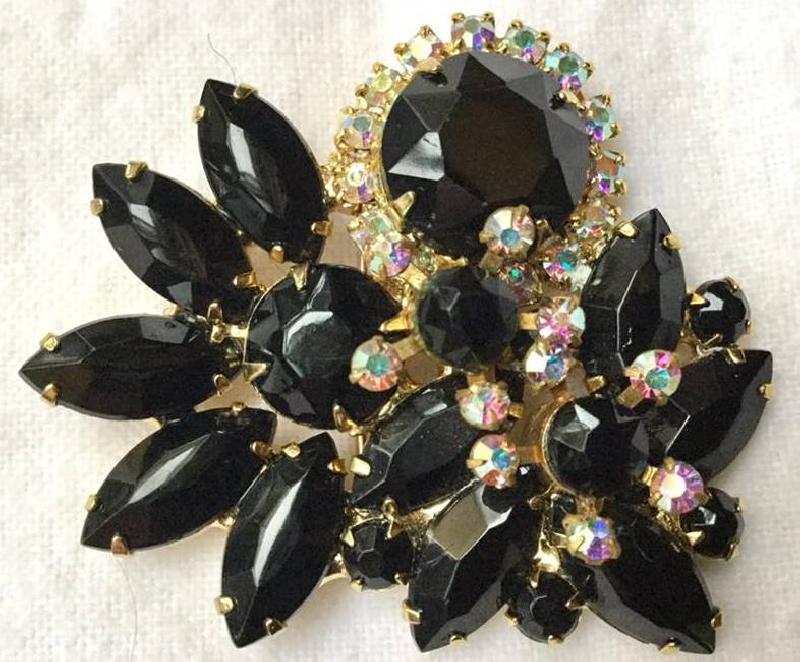 Front view of Black (jet) Navettes Brooch